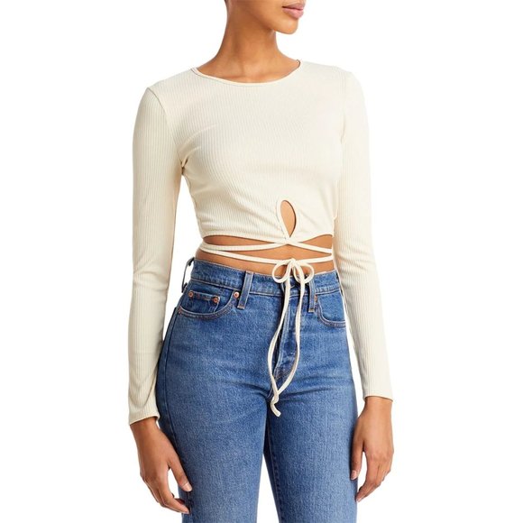 Astr Tops - ASTR THE LABEL ELAINA RIBBED KNIT KEYHOLE TIE FRONT CROPPED TOP IN BONE NWT